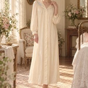 Vintage Shadowline Nightgown House Coat Cream Blue Floral Nylon Small USA D1